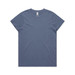 A faded blue T-shirt featuring a round neckline and short sleeves. It has a branding logo.