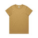 A mustard-coloured T-shirt with a round neckline and short sleeves. The shirt features a branding logo.