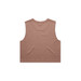 A brown crop tank top with a sleeveless design and a plain back, featuring a branding logo.