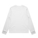 A long-sleeve white T-shirt with grey cuffs. The back view is displayed, featuring a simple design and no graphics.