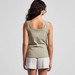 A light olive green singlet with a fitted design, displayed on a model from the back, paired with white shorts.