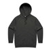 A dark grey hoodie with a front pocket and drawstring hood. It features a logo on the design.