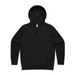 A black hoodie featuring a front pocket and drawstring hood. It has a logo on it.