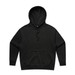 A black hoodie with a front pocket and a drawstring hood. Features a logo.