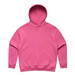 A pink hoodie with a front pocket and a large hood. It features a logo on the front.