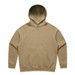 A beige hoodie with a front pocket and a large hood, featuring a logo on the front.