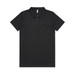 A black polo shirt featuring a classic collar and a logo. It has short sleeves and a button-up front.