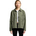 An olive green chore jacket featuring a collared neckline and front pockets, worn by a model.