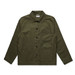 An olive green chore jacket featuring a button front, a patch pocket, and two front pockets. Brand logo present.