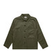 An olive green chore jacket featuring a collar, front buttons, and multiple pockets. It has a logo on the label.