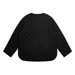 A black quilted jacket with a round neckline and long sleeves, featuring a rear view and a simple design.