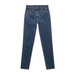 A pair of blue skinny jeans with a high waist and five pockets. Features stitching details and a branded logo.