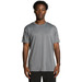 A grey active tee featuring a simple design and short sleeves. It has a branding logo on the garment.