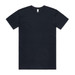 A navy blue organic t-shirt with short sleeves and a crew neckline, featuring a branding label inside.
