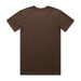 A brown T-shirt featuring a plain back design, made from organic material, with a logo on the inside label.