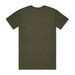 An olive green t-shirt with a plain back view and a logo on the label.