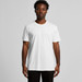 A white organic T-shirt on a model, featuring a plain design and short sleeves. The shirt has a logo.