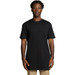 A black tall T-shirt with a relaxed fit, featuring short sleeves and a round neckline. It has a logo present.