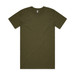 An olive green T-shirt with a classic crew neckline and short sleeves. It features a logo on the label.