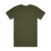 A plain olive green T-shirt featuring a short sleeve design and a standard crew neck. It has a logo on the back.