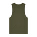 An olive green singlet tank top with a plain back design. It features a logo.