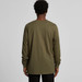 A long-sleeve olive green t-shirt with a straight back design, featuring a logo on the side.