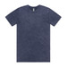A blue stone wash t-shirt with a round neck and short sleeves, featuring a logo on the label.