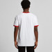 A white T-shirt with red trim on the collar and sleeves, featuring a simple design and no visible logos.