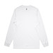 A white long-sleeve T-shirt featuring a simple design and a label, suitable for casual wear.