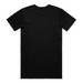 A black t-shirt with a simple design and a back view. It has a branding logo near the neckline.
