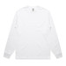 A long-sleeve white T-shirt featuring a minimalist design and a logo on the neckline.
