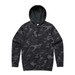 A camo-patterned hoodie in shades of grey and black, featuring a large hood and a front pocket.