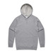 A grey hoodie with a hood, long sleeves, and a front pocket, featuring a logo on the label.