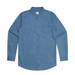 A blue denim button-up shirt with a single chest pocket and long sleeves. It features a logo on the label.