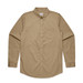 A tan button-up shirt with long sleeves and a chest pocket, featuring a collar and button placket.
