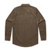 A brown cord shirt with long sleeves and a button-up design, featuring a back yoke and a logo.