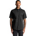 A black short-sleeved work shirt featuring a button-up front and two chest pockets. The shirt has a logo.