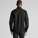 A black work shirt with a collared neck and long sleeves, featuring a logo on the back.