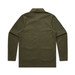 An olive green chore jacket displayed from the back, featuring a simple design and a collar. It has a logo on the fabric.
