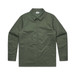 An olive green service jacket with a collar and two side pockets. The jacket features a logo.