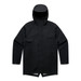 A black rain jacket with a hood, featuring a simple design and side pockets. It has a logo on the garment.