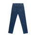 A pair of blue standard jeans featuring a sleek back design and two rear pockets. The jeans have a logo on the waistband.