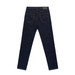 Dark blue standard jeans with a fitted design and visible back pockets. Features a branded patch on the waistband.