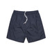 Navy blue beach shorts with an elastic waistband and drawstring, featuring side pockets and a minimalist design.