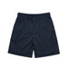 Navy sports shorts with an elastic waistband and no pockets, featuring a logo.