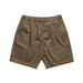A pair of khaki walk shorts with an elastic waistband and drawstring, featuring side pockets.