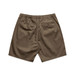 Brown dress shorts with an elastic waistband and two back pockets, featuring a logo.