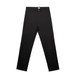 Black straight pants displayed flat, featuring pockets and a button closure, with a small logo detail.