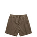 A pair of brown cord shorts with an elastic waistband and drawstring detail. Features a logo on the waistband.