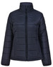 A navy ladies' insulated puffer jacket with a high collar and a zip-up front, featuring a logo.